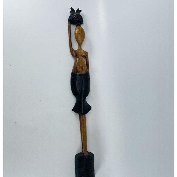 Caribbean African Folk Art Carved Wooden Woman Carrying Basket On Head VTG 20in - Picture 2 of 10